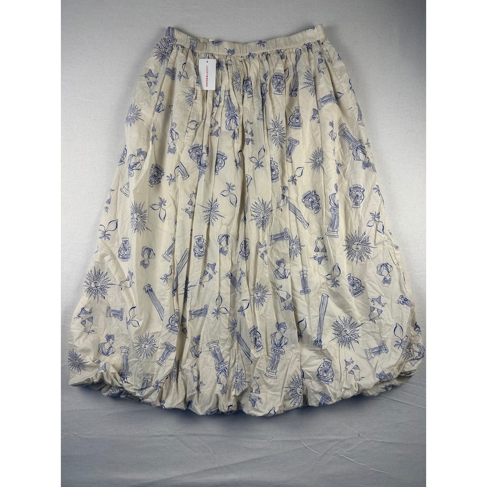 Lucky Brand Women Cream Blue Greek Column Sun Print Cotton Bubble Hem Skirt M